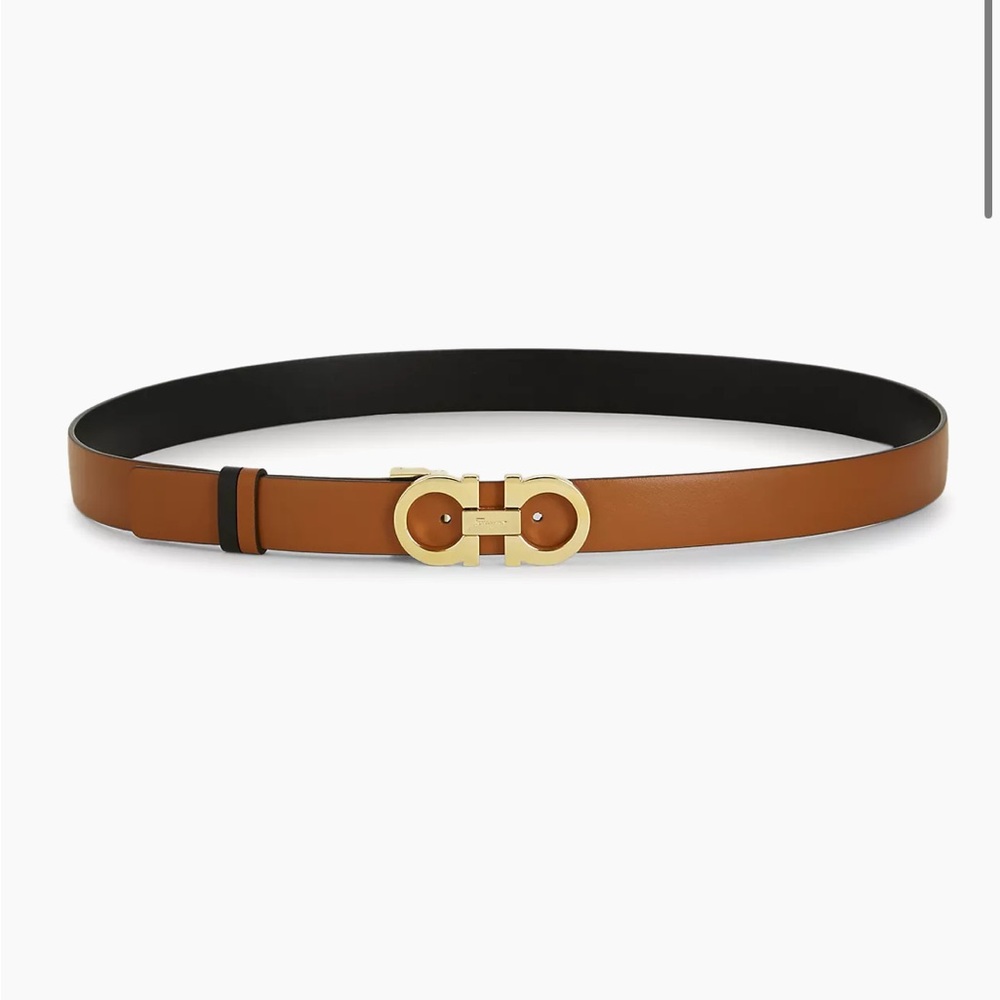 Salvatore Ferragamo Brown and Gold Leather Belt with Elegant Buckle